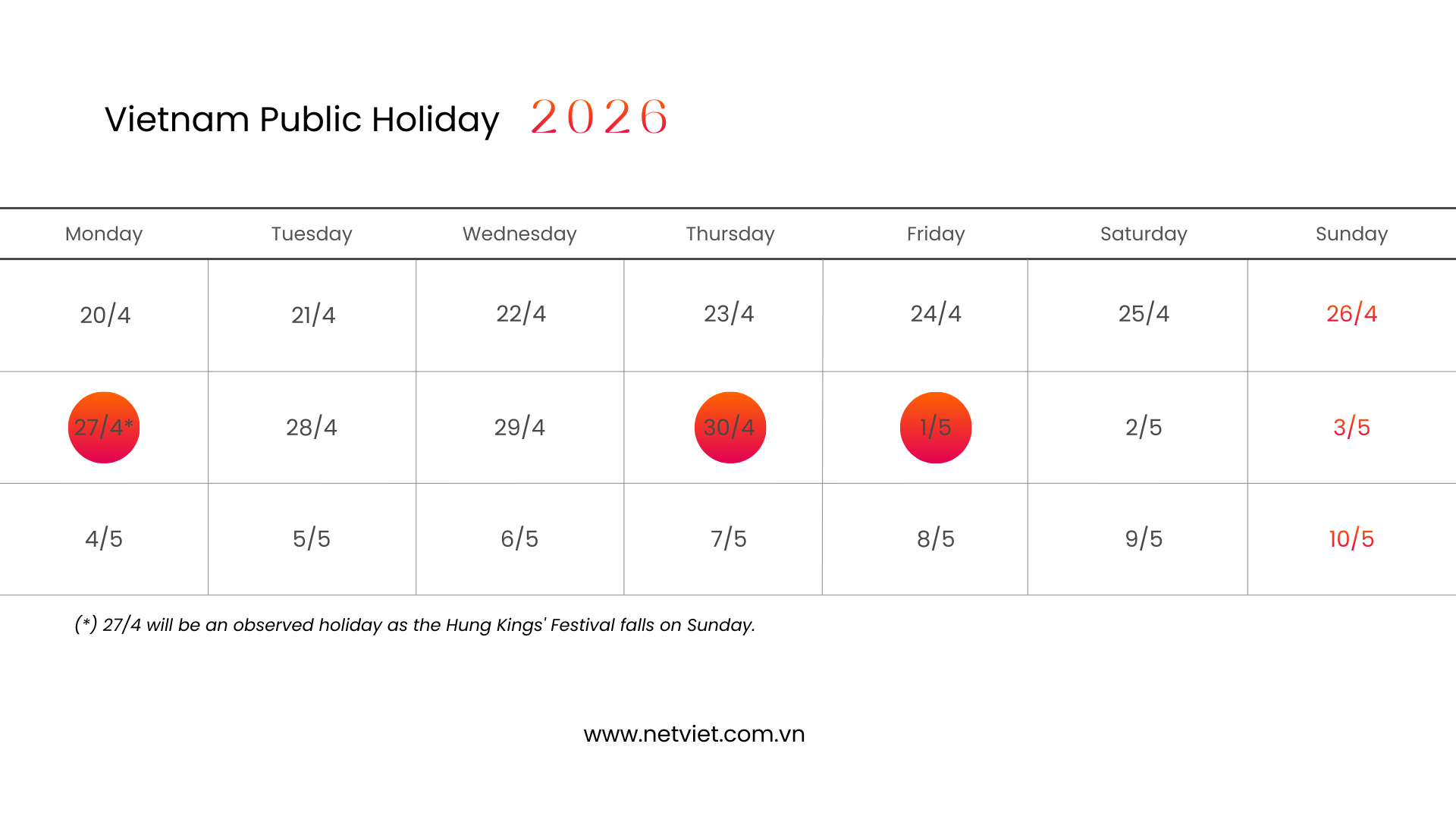 2026 Vietnam Public Holiday Schedule
